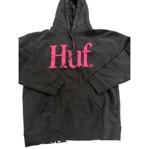 HUF Hoodie Mens M Black Pink Logo Pullover Hooded Sweatshirt Activewear